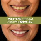 Close-up before-and-after comparison of a smiling woman's teeth after using better bright Complete Oral Care Fennel mint toothpaste, with the top showing yellowed teeth and the bottom showing bright white teeth. A peach banner across the center reads 'WHITENS without harming ENAMEL'.
