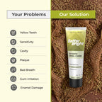 Better Bright Complete Oral Care Cinnamon mint toothpaste stands on a background of fennel sticks, with a panel on the left listing oral problems such as yellow teeth, sensitivity, cavity, plaque, bad breath, gum irritation, and enamel damage and the solution for these problems is the Better Bright Complete Oral Care fennel mint toothpaste.
