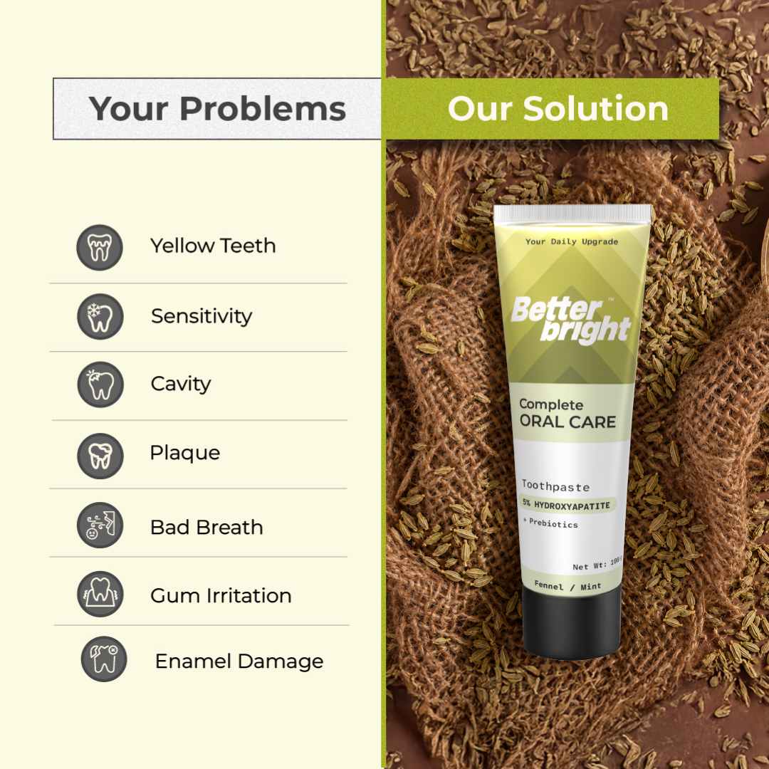 Better Bright Complete Oral Care Cinnamon mint toothpaste stands on a background of fennel sticks, with a panel on the left listing oral problems such as yellow teeth, sensitivity, cavity, plaque, bad breath, gum irritation, and enamel damage and the solution for these problems is the Better Bright Complete Oral Care fennel mint toothpaste.
