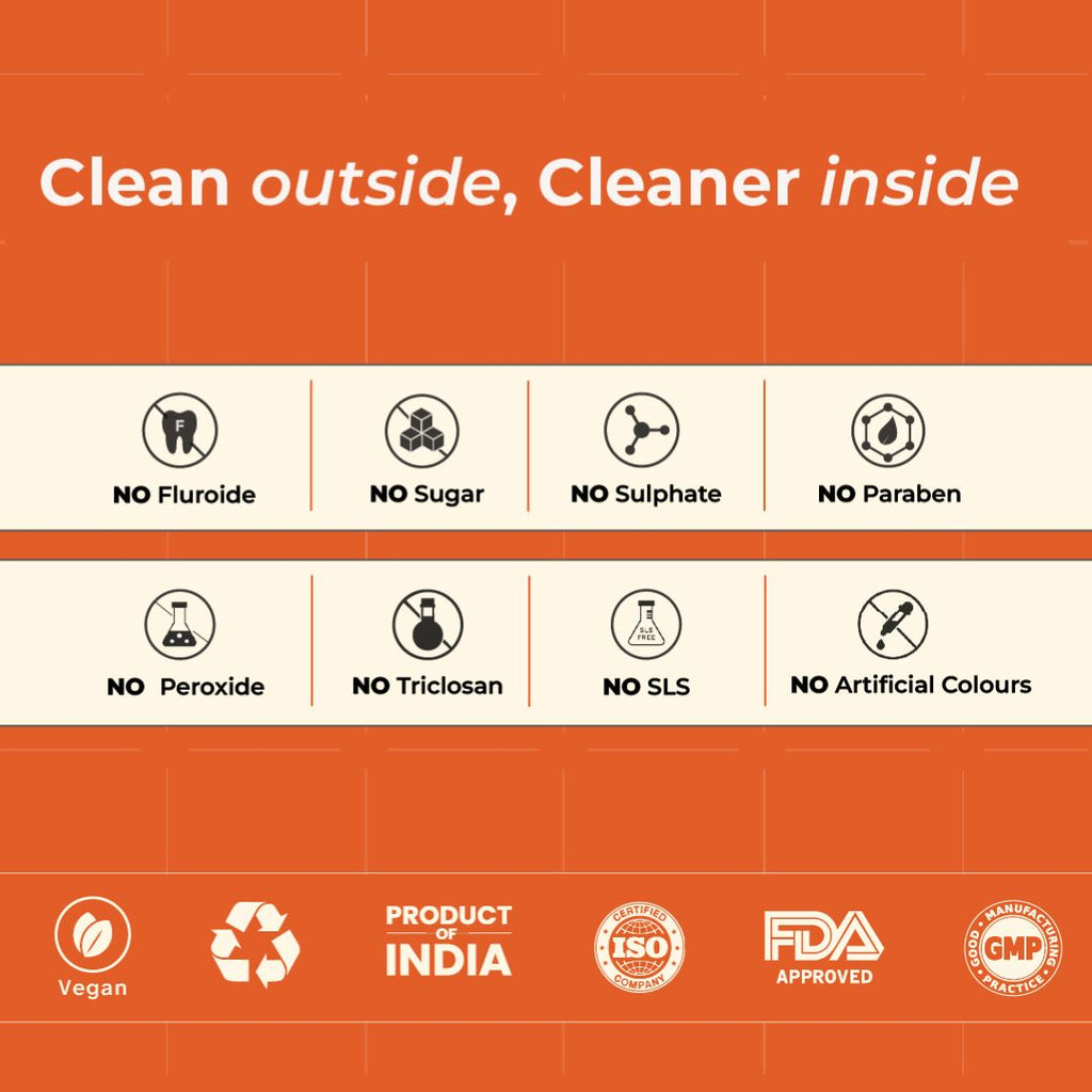 Better Bright oral care banner highlighting fluoride-free, sugar-free, sulphate-free, paraben-free and SLS-free products with vegan and quality certifications.