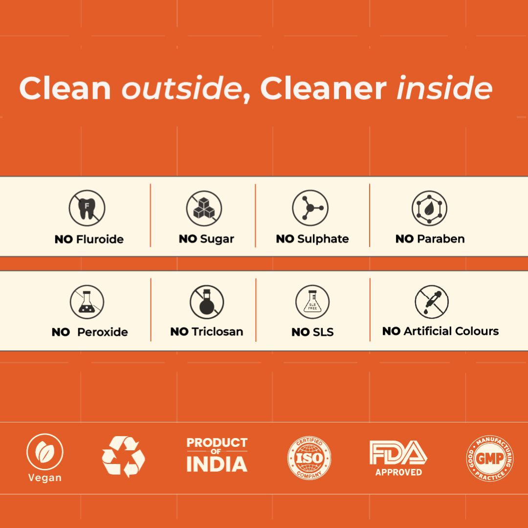 Better Bright oral care banner highlighting fluoride-free, sugar-free, sulphate-free, paraben-free and SLS-free products with vegan and quality certifications.