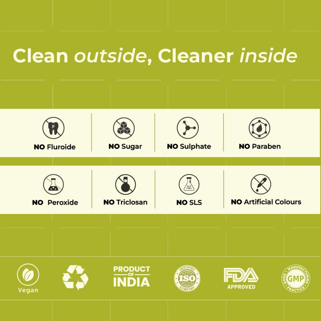 Better Bright oral care banner highlighting fluoride-free, sugar-free, sulphate-free, paraben-free and SLS-free products with vegan and quality certifications.
