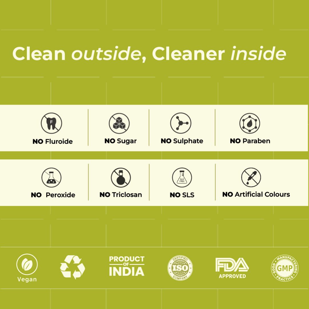 Better Bright oral care banner highlighting fluoride-free, sugar-free, sulphate-free, paraben-free and SLS-free products with vegan and quality certifications.
