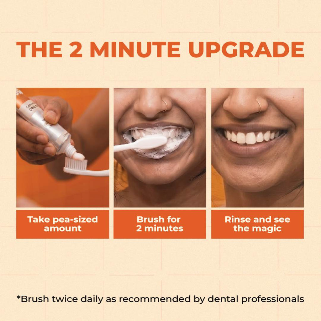 Better Bright's 2-minute upgrade: a three-step guide — take a pea-sized amount of toothpaste, brush for 2 minutes, then rinse and see the magic. Warm cream and terracotta-toned infographic.