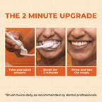 Better Bright's 2-minute upgrade: a three-step guide — take a pea-sized amount of toothpaste, brush for 2 minutes, then rinse and see the magic. Warm cream and terracotta-toned infographic.