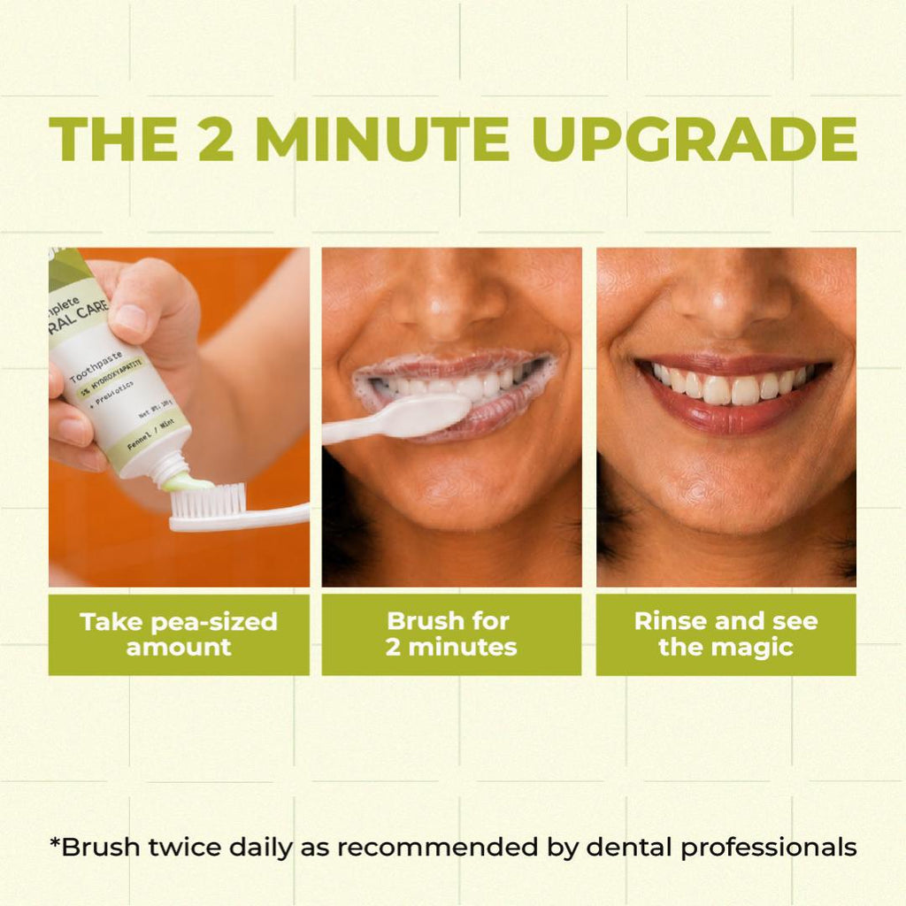 Better Bright's 2-minute upgrade: a three-step guide — take a pea-sized amount of toothpaste, brush for 2 minutes, then rinse and see the magic. Warm cream and terracotta-toned infographic.
