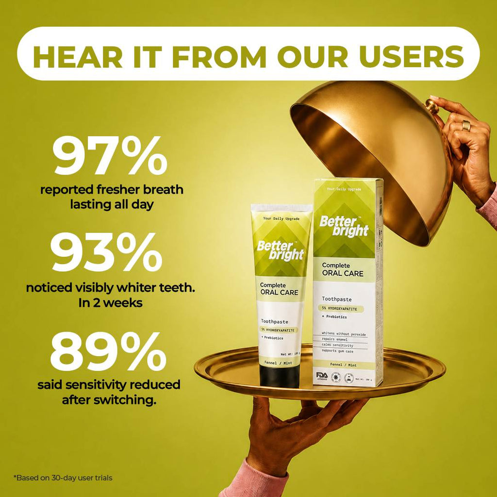 Promotional graphic for Better Bright Complete Oral Care fennel mint toothpaste and box, shown on a gold tray with a hand lifting a gold bowl. Large green text highlights user-reported benefits: 97% fresher breath, 93% whiter teeth, and 89% reduced sensitivity.
